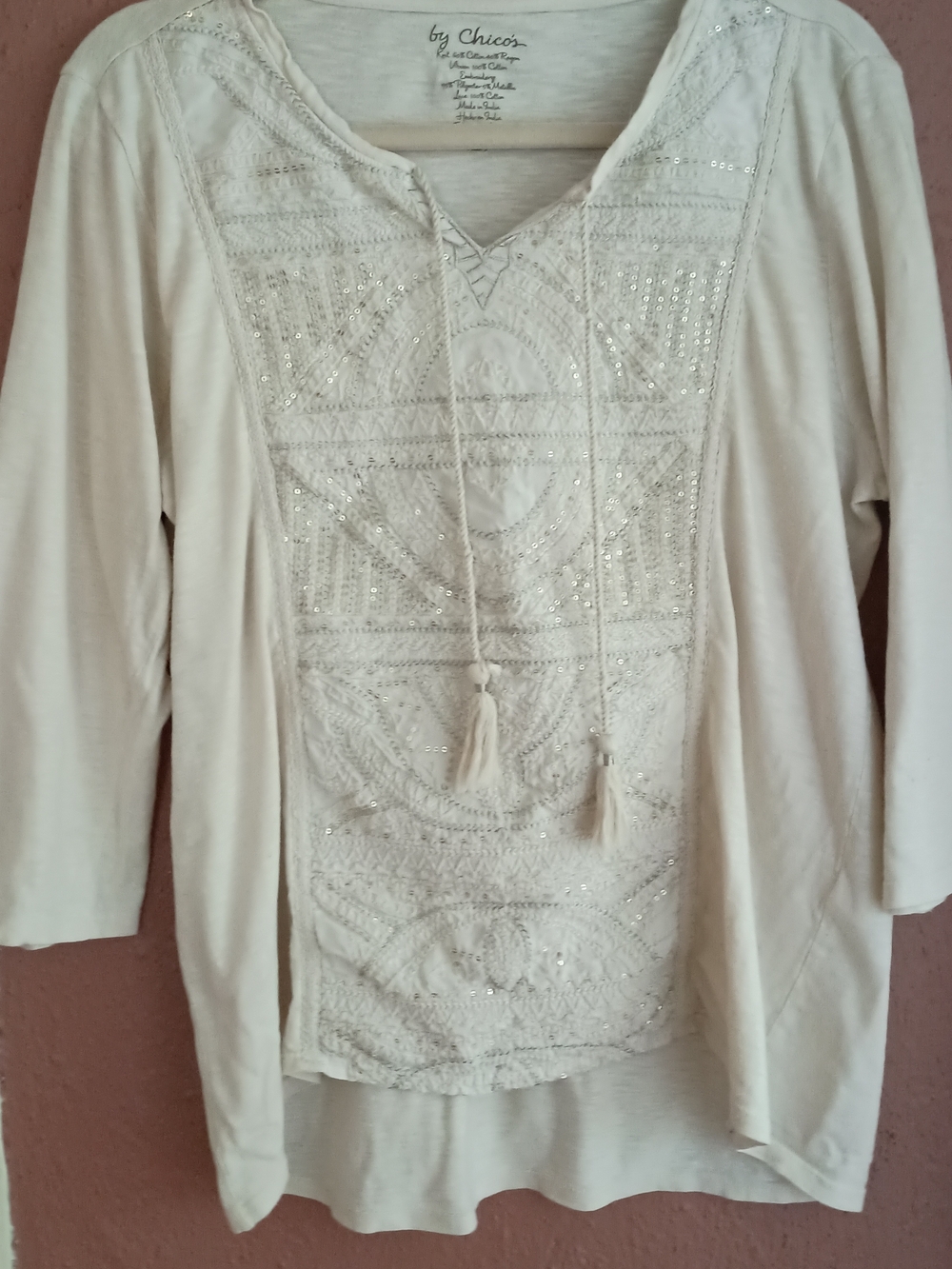 Chico's Cream Sequin Embroidered Tassel Tunic